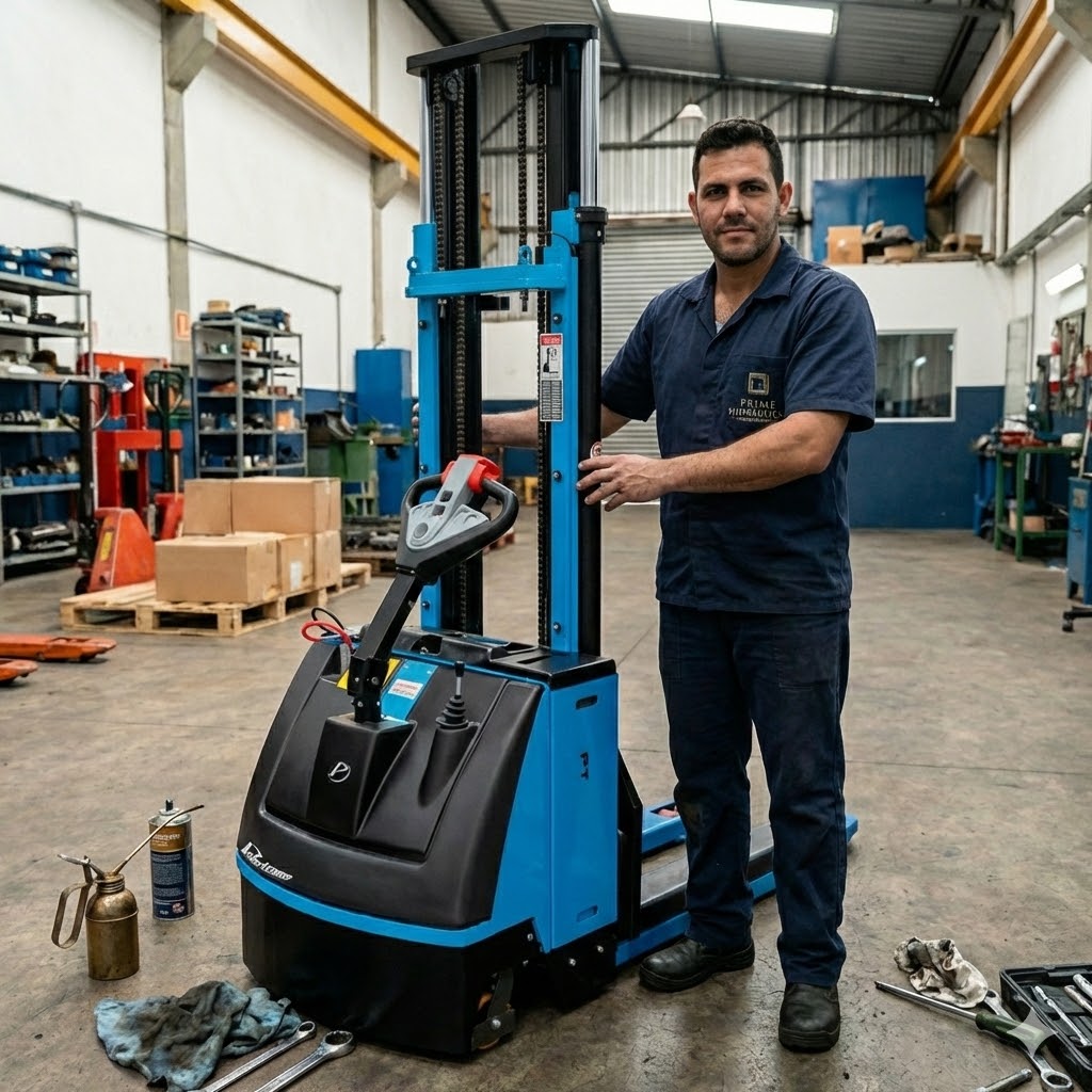 Técnico realizando manutenção de carrinho hidráulico paleteiro